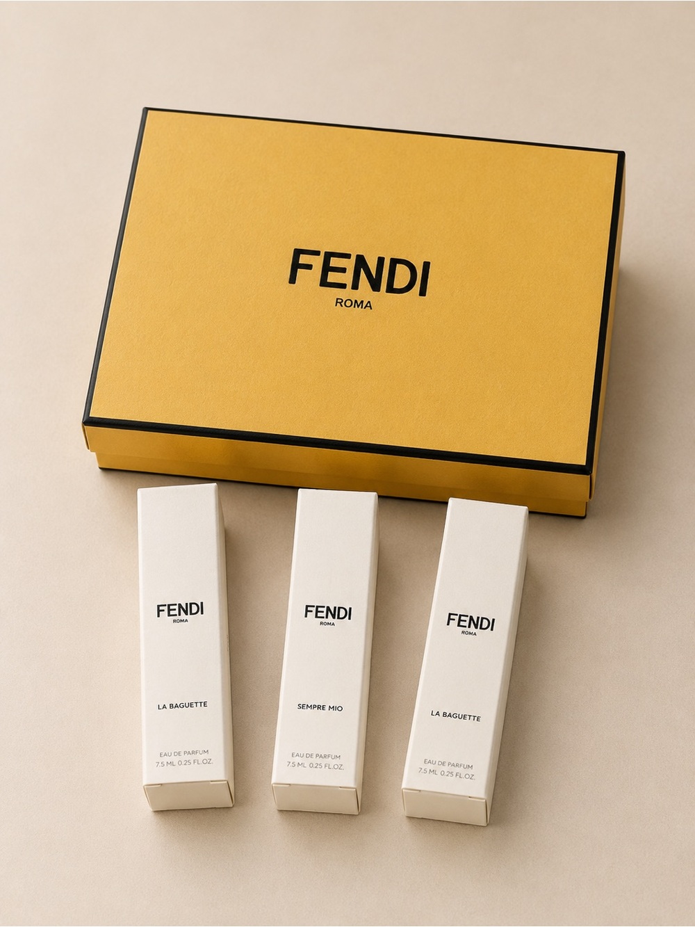 FENDI Gift Box 6” x 5” & 3 EDP Perfume Samplers La Baguette + Sempre Mio 2ml NEW